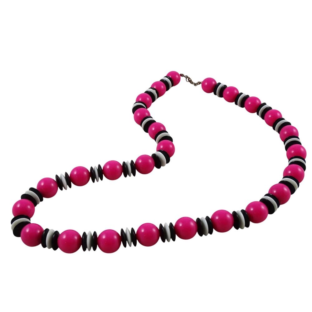 Vintage Chunky Pink Plastic Bead Statement Necklace 24" Retro Fashion Jewelry